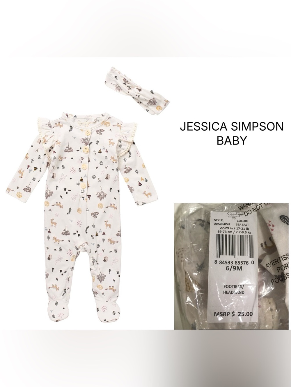 JESSICA SIMPSON BABY - 6/9M - NWT - 2PC WOODLAND SLEEPER AND HEADBAND